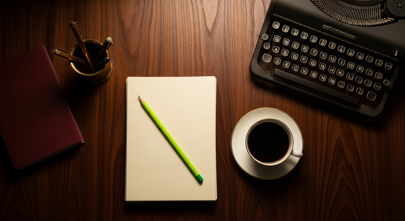 A writer's walnut table at window light: a vintage typewriter, a neat stack of cream stationery, brass cup of pens, a cup of coffee.