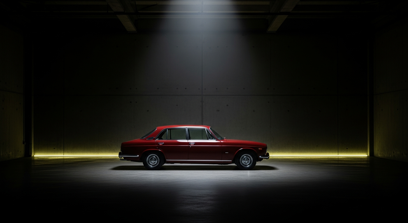 A polished classic saloon car under a single studio spotlight in a clean detailing bay — detail-before-listing metaphor.