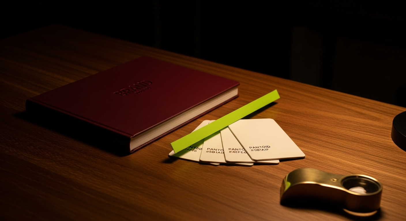 Designer's walnut studio table: open leather portfolio with logo specimens, brass loupe, cream color chips in warm side light.