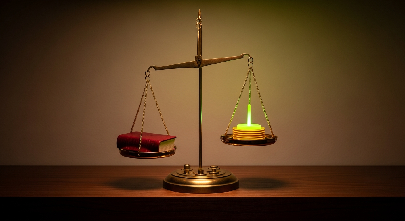 A polished brass apothecary balance scale on a marble shelf — a leather book on one pan, a stack of gold disks on the other.