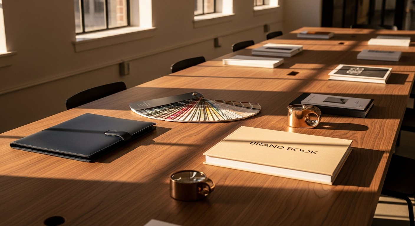 A quiet walnut studio table at golden hour, scattered with brand artifacts: leather portfolio, color chips, hardcover brand book, brass loupe.